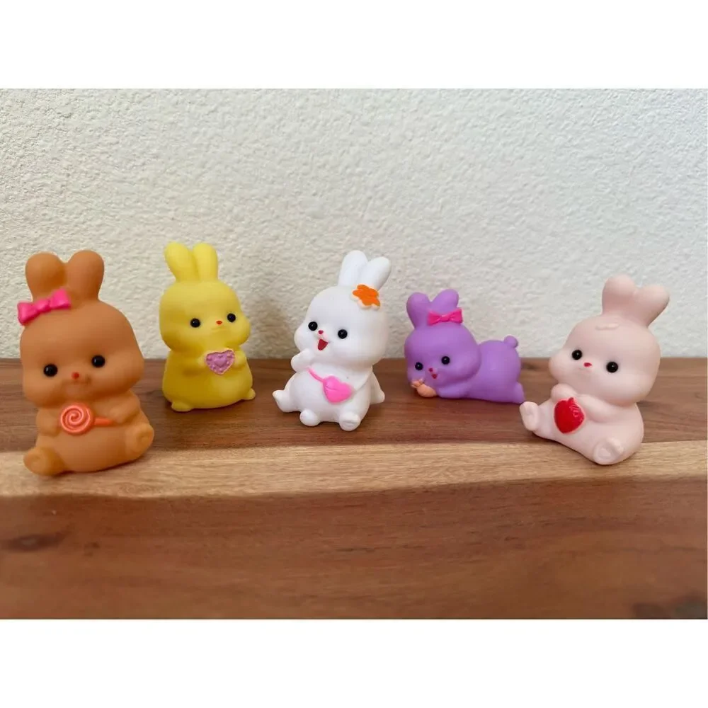 Miniature rubber baby bunny rabbits pudgy fat cute toys set of 5 strawberry toy